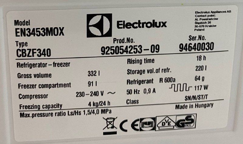 Холодильник двокамерний Electrolux EN3453MOX 117W 332+91л нерж sn 9460030 n400 000048424 фото