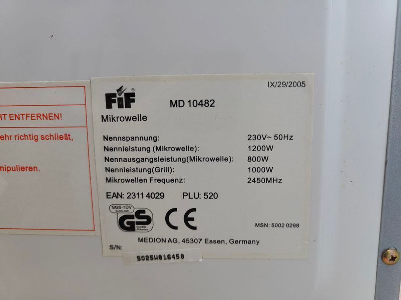Микроволновая печь FIF MD10482 1200W sn S025W016450 000051105 фото