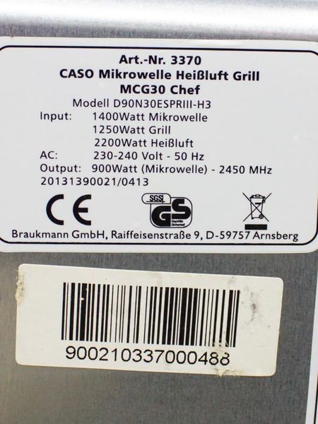Мікрохвильова піч Caso MCG30 Chef 1400w гриль 1250w sn 900210337000488 000032222 фото