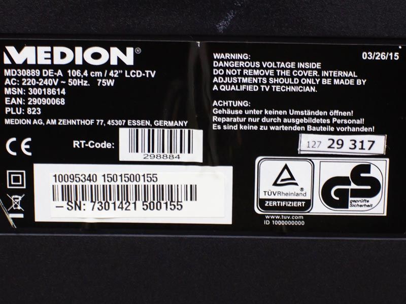 ТБ 42 Medion MD 30889 LED Smart TV 75w sn 7301421500155 000032034 фото
