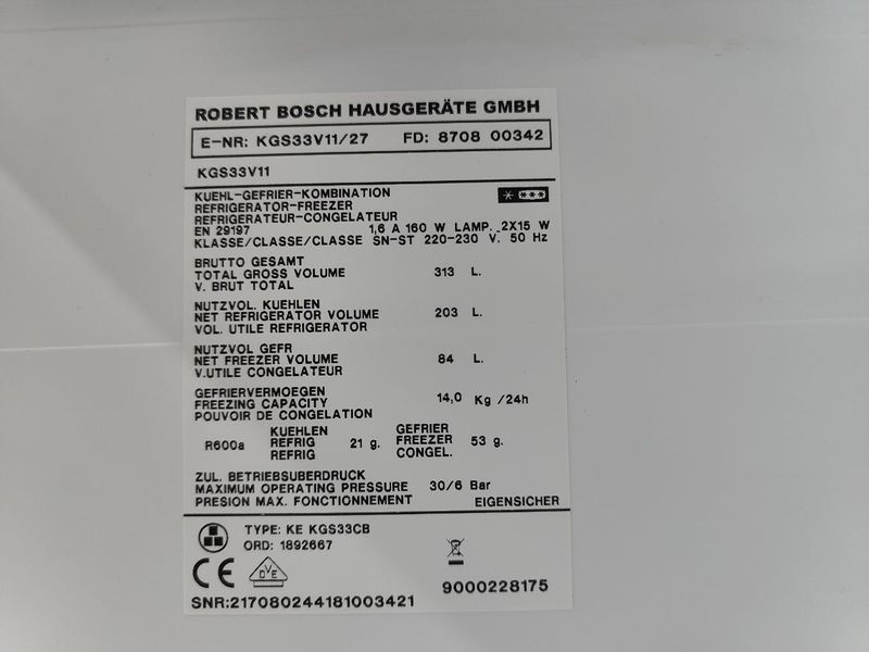 Холодильник Bosch KGS33V11 27 160W 203+84л sn 217080244181003421 n642 000053311 фото
