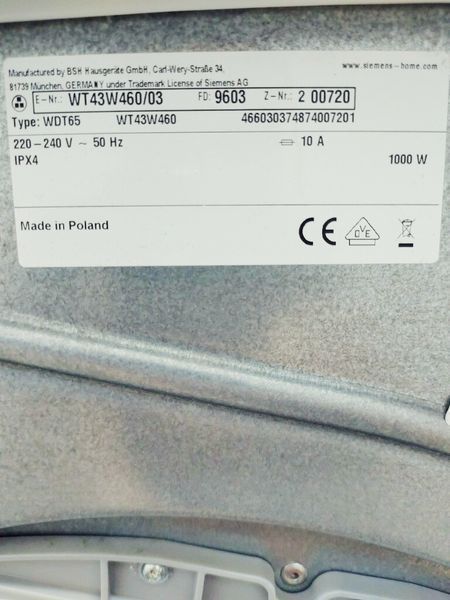 Сушильна машина Siemens IQ500 WT43W460 03 1000w 8 кг sn 9603 200720 000040647 фото