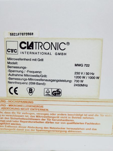 Мікрохвильова піч Clatronic MWG 722 1200w гриль 1000w sn S02167B73960 000035333 фото