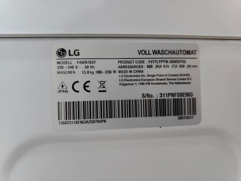 Стиральная машина LG ThinQ F4WR703Y 2250W 13кг sn 311PNFS8E963 000052875 фото