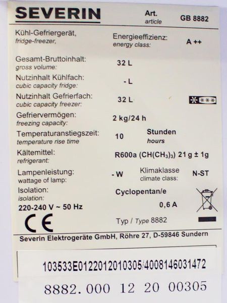 Морозильна камера Severin GB 8882 32л сток LPNHK066150195 139е 000030697 фото