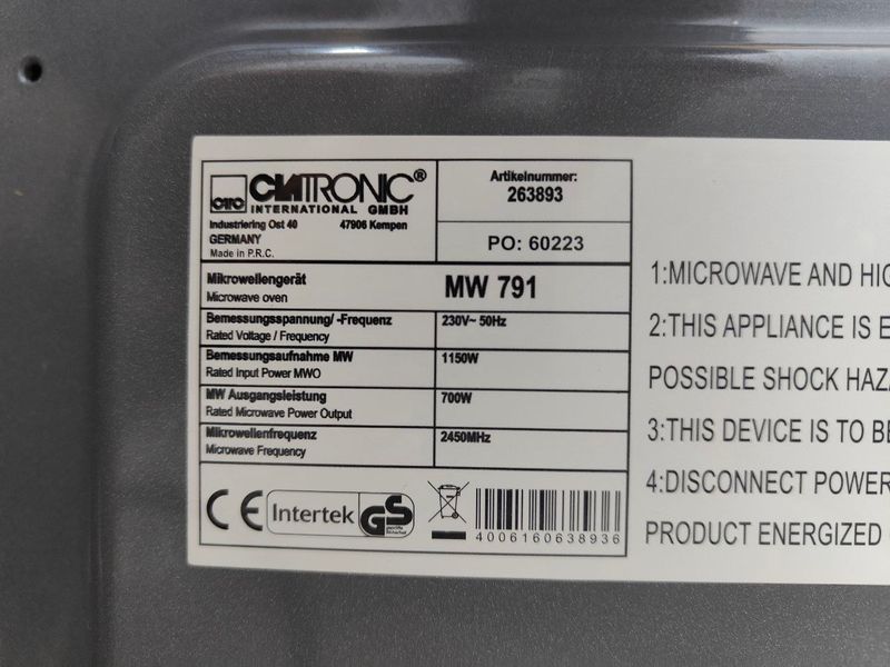 Микроволновая печь Clatronic MW791 1150W sn 60223 000051112 фото
