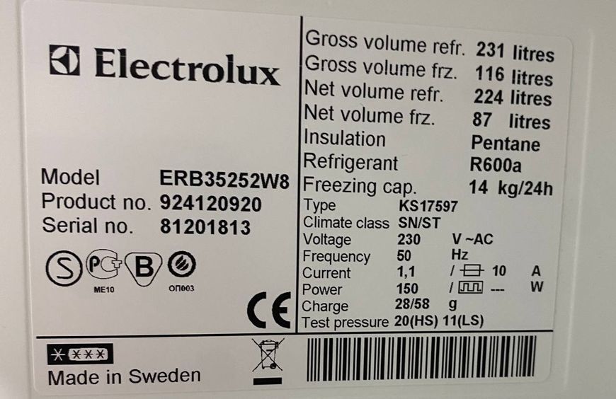 Холодильник двокамерний Electrolux ERB35252W8 150W 224+87л sn 81201813 n 398 000048422 фото