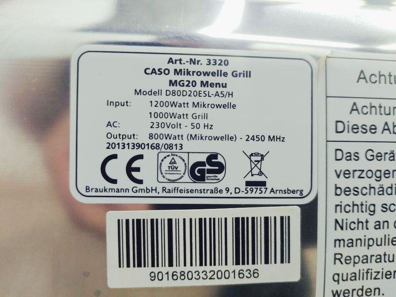 Мікрохвильова піч Caso D80D20ESL 1200w гриль 1000w sn 901680332001636 000039099 фото