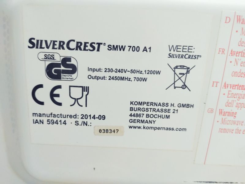 Мікрохвильова піч SilverCrest SMW 700 A1 1200w sn 038347 000039637 фото