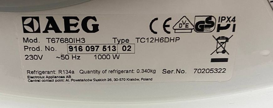 Сушильная машина AEG T67680IH3 1000W 8кг sn 70205322 000048708 фото