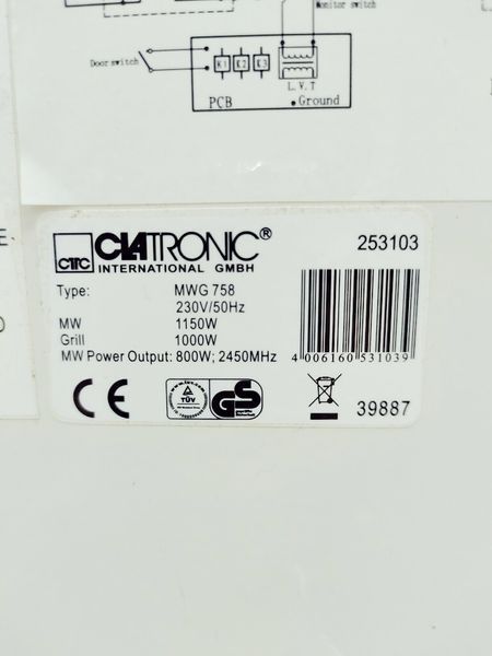 Мікрохвильова піч Clatronic MWG 758 1150w гриль 1000w sn 01001435470 000035730 фото