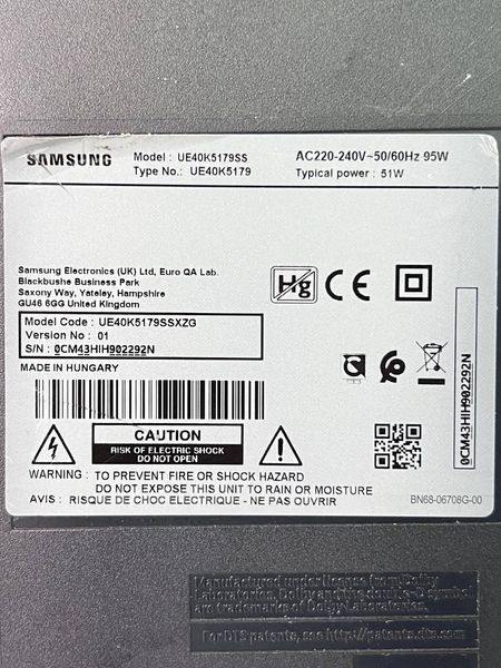 Телевізор 40 Samsung UE40K5179SSXZG LED Full HD 95w sn 0CM43HIH902292N 000040077 фото
