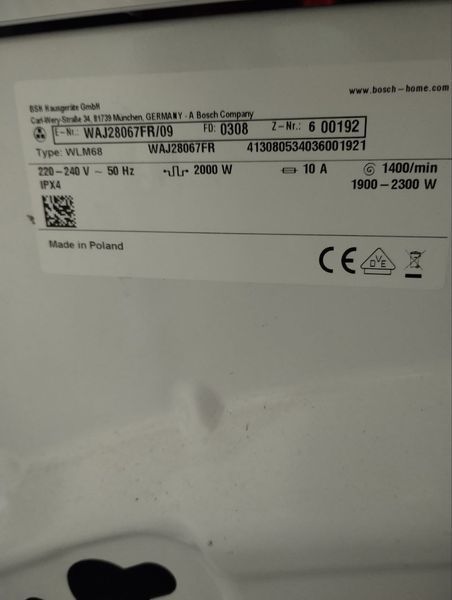 Стиральная машина Bosch WAJ28067FR 09 2000W sn 600192 n 361 000046839 фото
