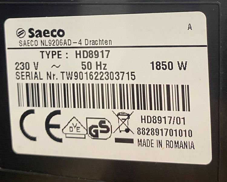 Кофемашина Saeco HD8917 1850w sn TW901622303715 000048964 фото