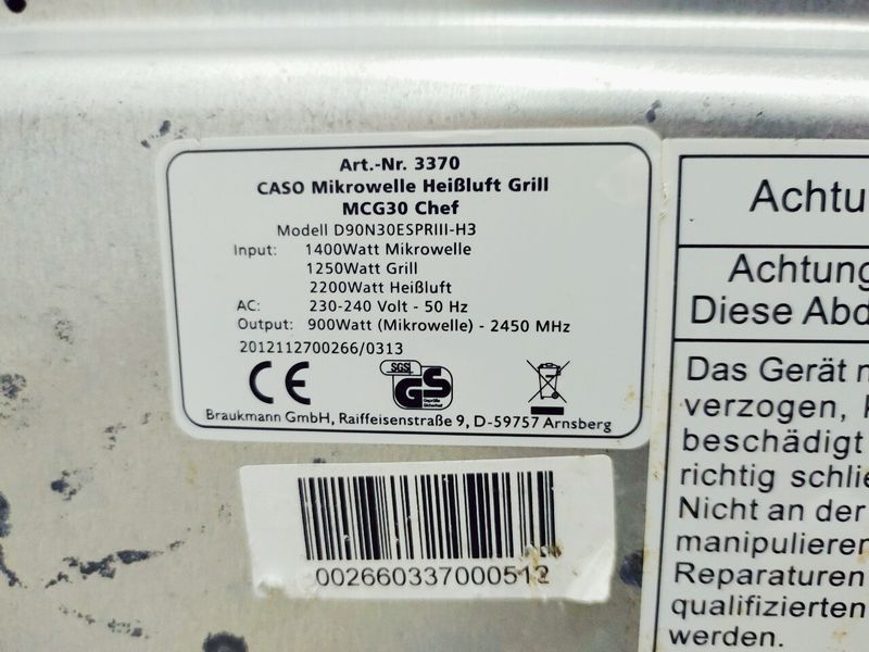 Мікрохвильова піч Caso MCG30 Chef 1400w гриль 1250w sn 002660337000512 000044696 фото