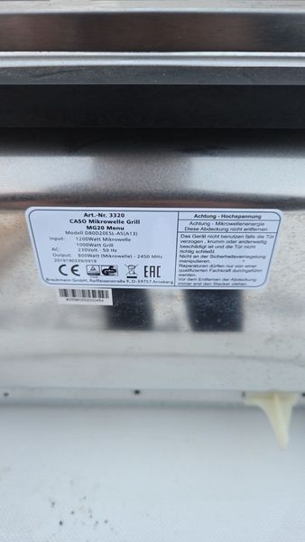 Мікрохвильова піч CASO MG20 D80D20ESL A5 1200W sn 2019190339 0919 000052293 фото