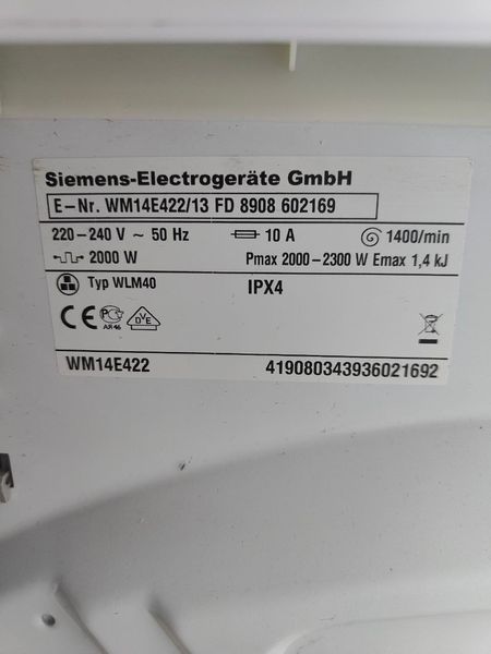 Стиральная машина Siemens WM14E422 2300W 6кг sn 8908602169 000050103 фото