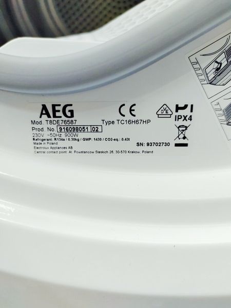 Сушильна машина AEG 8000 Series T8DE76587 900w 8кг sn 93702730 000040779 фото