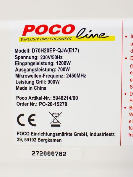 Мікрохвильова піч Poco Line D70H20EP QJAE17 1200w гриль 900w sn 272000782 000024717 фото