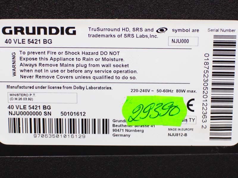 ТБ 40 Grundig 40 VLE 5421 BG LED 80w sn 50101612 000031914 фото