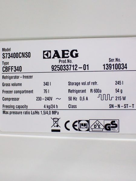 Холодильник двокамерний AEG S73400CNS0 245+54л 215w sn 13910034 000032365 фото