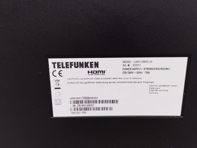 Телевізор Telefunken L40F278M3C3D 75W sn 7351092500322 000047894 фото
