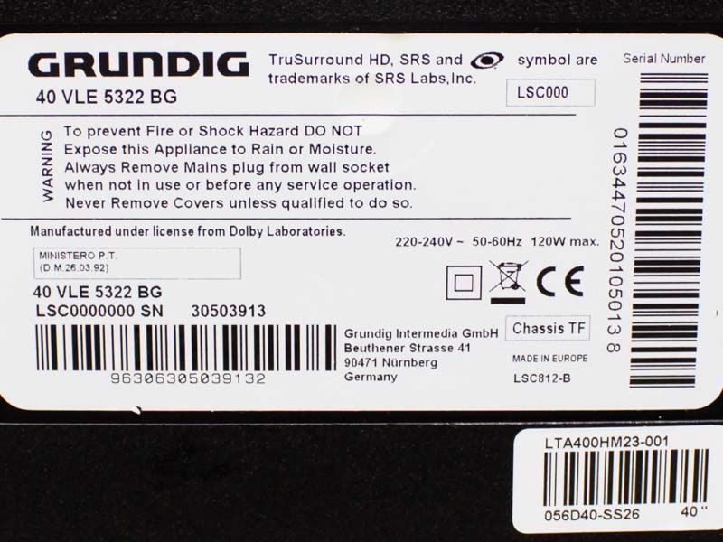 ТБ 40 Grundig 40VLE5322BG LED Ethernet 120w sn 30503913 000031614 фото