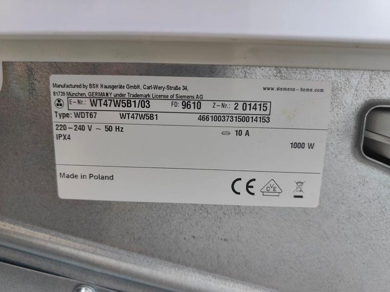 Сушильная машина Siemens iQ700 WT47W5B1 03 1000W 8кг sn 9610201415 000053397 фото