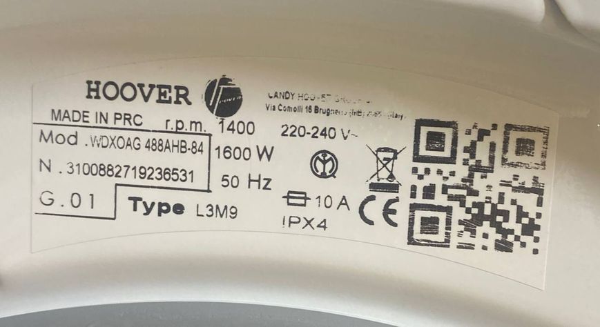 Стиральная машина с сушкой Hoover WDXOAG488AHB84 1600W 8/8кг sn 3100882719236531 000049019 фото