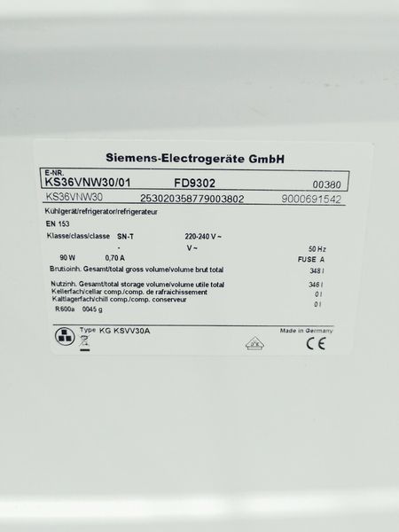 Холодильник однокамерний Siemens KS36VNW30 01 346л 90w sn 9302 00380 000039416 фото