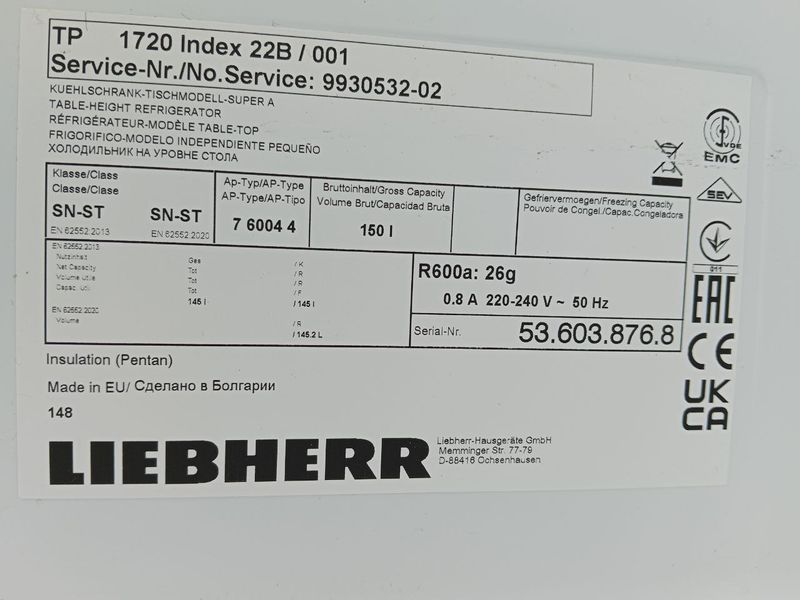 Холодильник однокамерний Liebherr TP1720 index 22B 80W 145л sn 536038768 000050650 фото