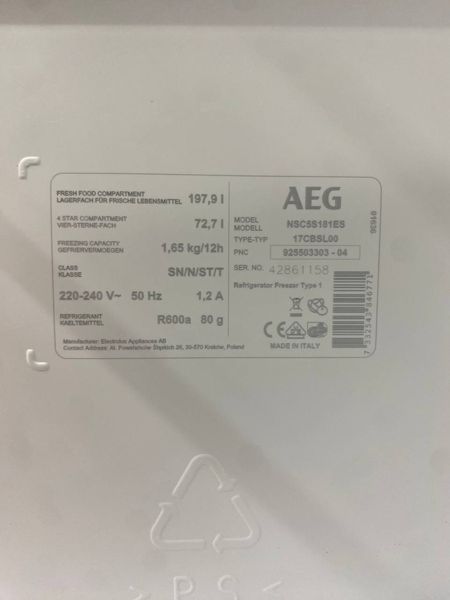 Холодильник встраиваемый Aeg NSC5S181ES 197+72л 280W sn 42861158 n 427 000048812 фото