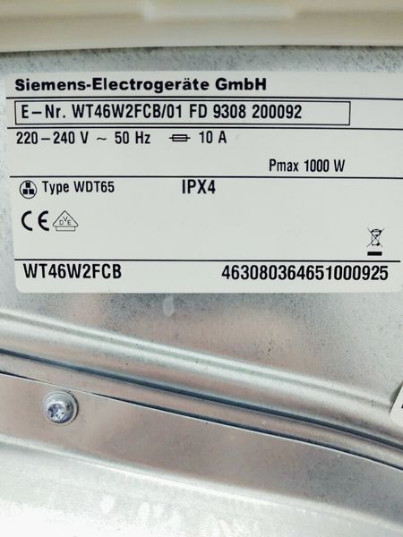 Сушильна машина Siemens IQ700 WT46W2FCB 01 1000w 7 кг sn 9308 200092 000036906 фото