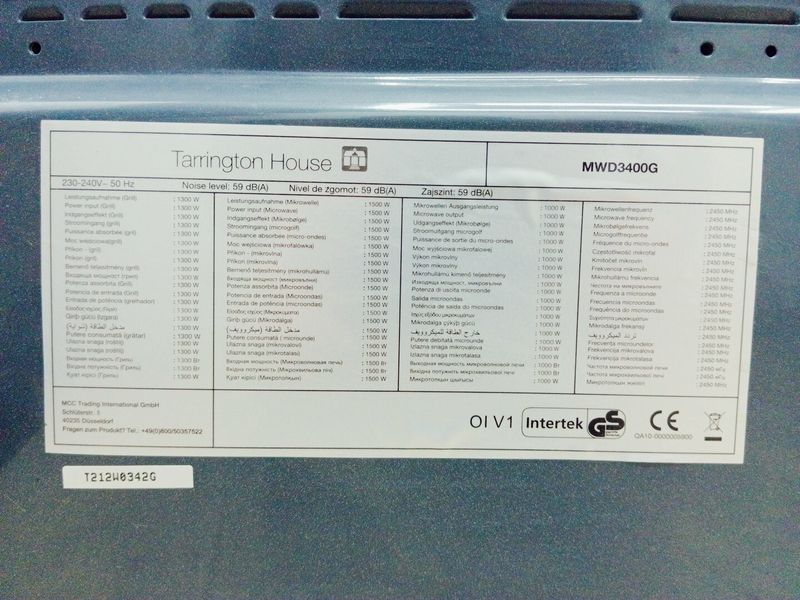 Мікрохвильова піч Tarrington House MWD3400G 1500w гриль 1300w sn T212W0342G 000038700 фото