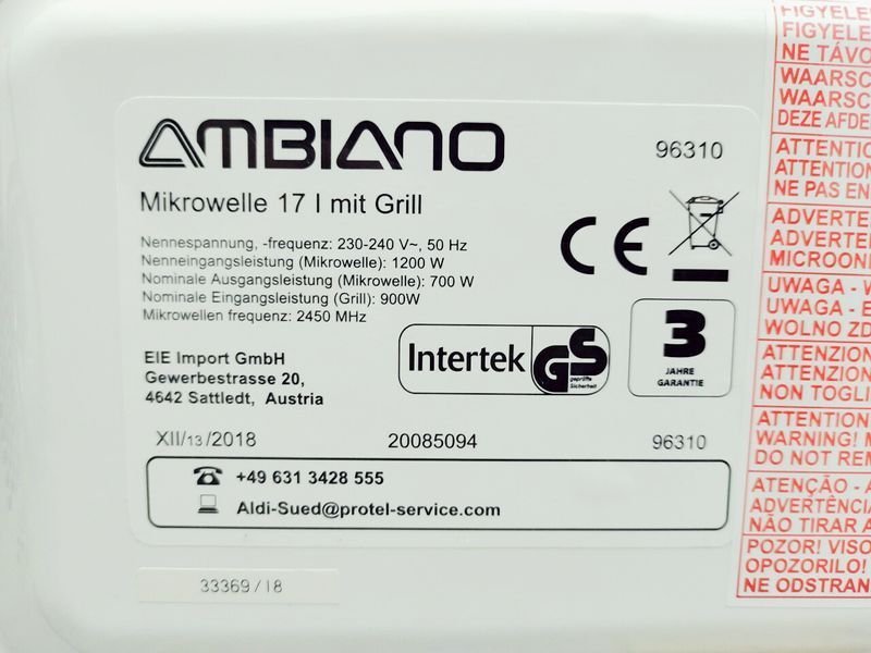 Мікрохвильова піч Ambiano 96310 1200w гриль 900w sn 3336918 000044817 фото