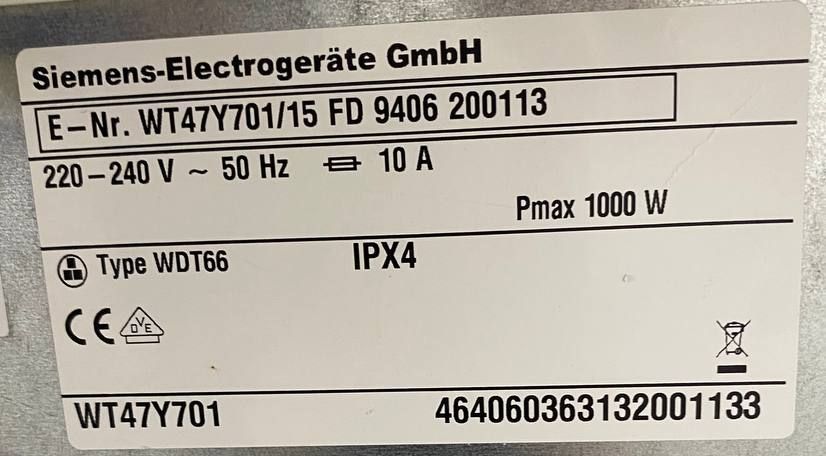 Сушильа машина Siemens WT47Y701 15 1000w 8кг sn 9406 200113 000048008 фото