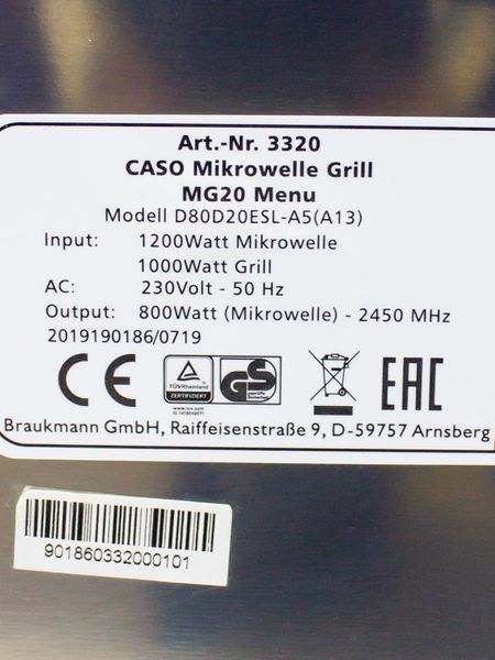 Мікрохвильова піч Caso MG20 Menu 1200w гриль 1000w sn 901860332000101 000032226 фото