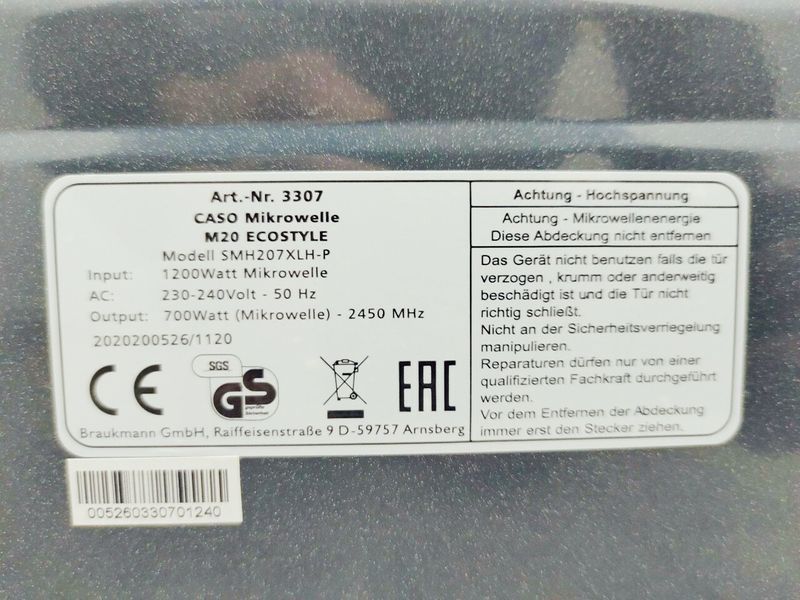Мікрохвильова піч Caso M20 EcoStyle 1200w sn 005260330701240 000044816 фото