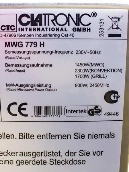 Мікрохвильова піч Clatronic MWG 779 H 1450w гриль 1700w sn 49446 000032243 фото
