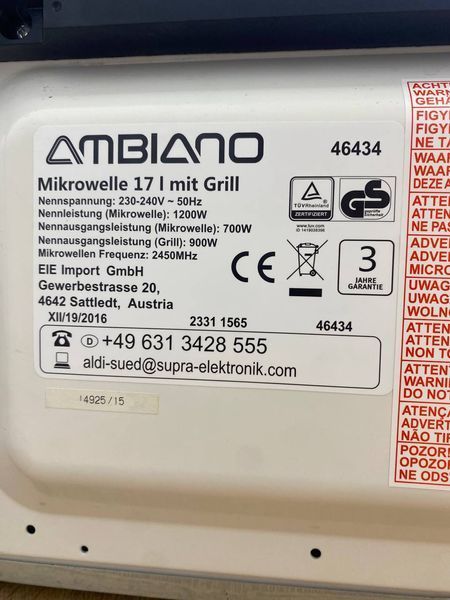 Мікрохвильова піч Ambiano 1200W sn 46434 000048492 фото