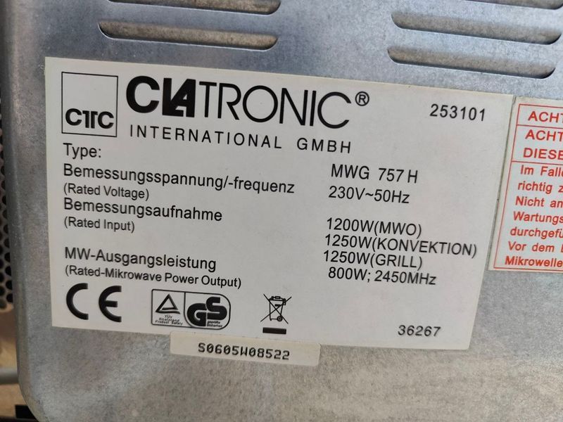 Микроволновая печь Clatronic MWG757H 800W sn S0605W08522 000053795 фото