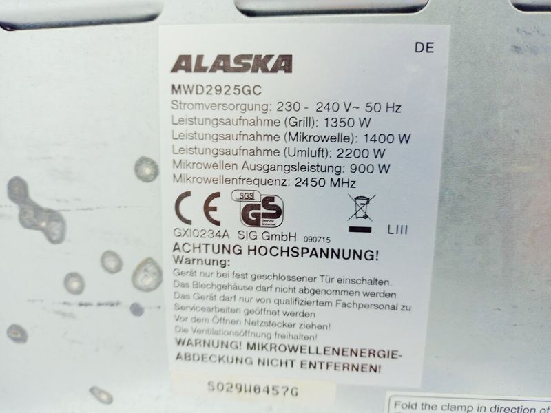 Мікрохвильова піч Alaska MWD2925GC 1400w гриль 1350w sn S029W0457G 000042849 фото