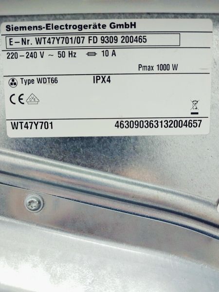 Сушильна машина Siemens IQ800 WT47Y701 07 1000w 8 кг sn 9309 200465 000039932 фото