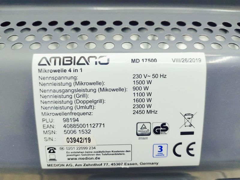 Мікрохвильова піч Ambiano MD 17500 1500w гриль 1100w sn 0394219 000043501 фото