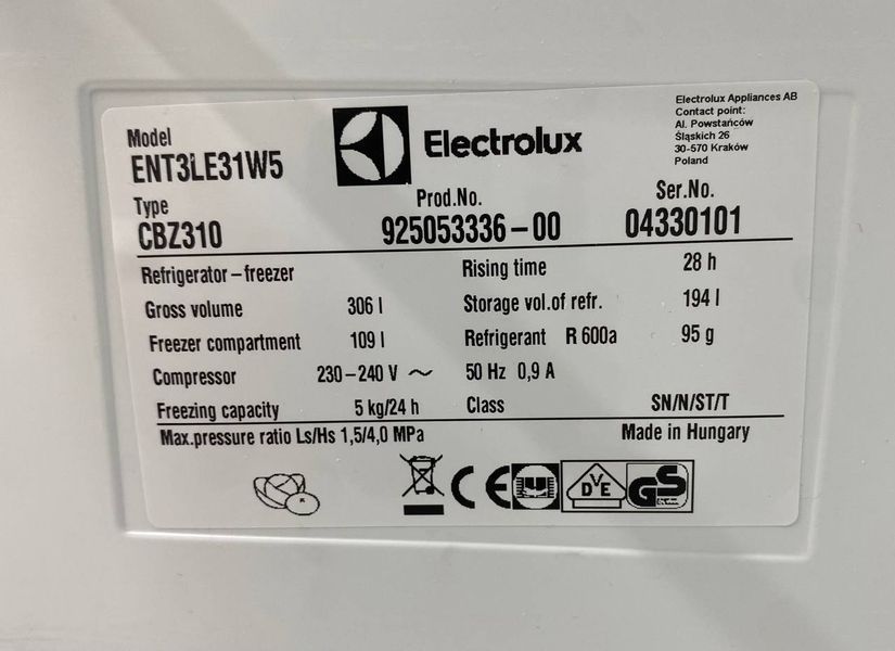 Холодильник двокамерний Electrolux ENT3E31W5 194+109л 216W sn 04330101 n 422 000048807 фото