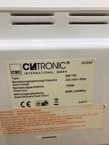 Мікрохвильова піч Clatronic MW 749 1200w sn S025W04584 000042855 фото