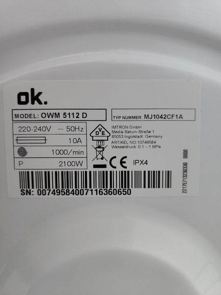 Стиральная машина OK OWM 5112 D 2100W 5kg sn 00749584007116360650 000051659 фото
