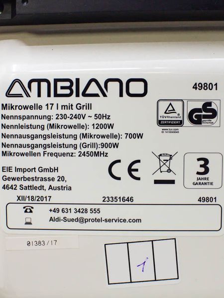 Мікрохвильова піч Ambiano 49801 1200w гриль 900w sn 0138317 000024722 фото