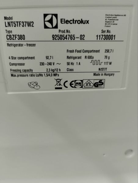 Холодильник Electrolux LNT5TF37W2 117W 258+78л sn 117300001 n 447 000049376 фото