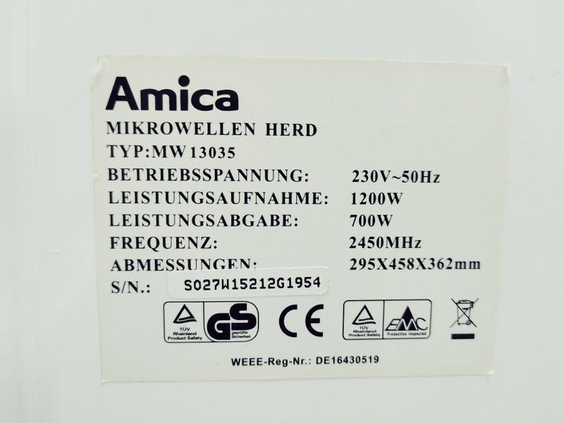 Мікрохвильова піч Amica MW 13035 1200w sn S027W15212G1954 000039085 фото